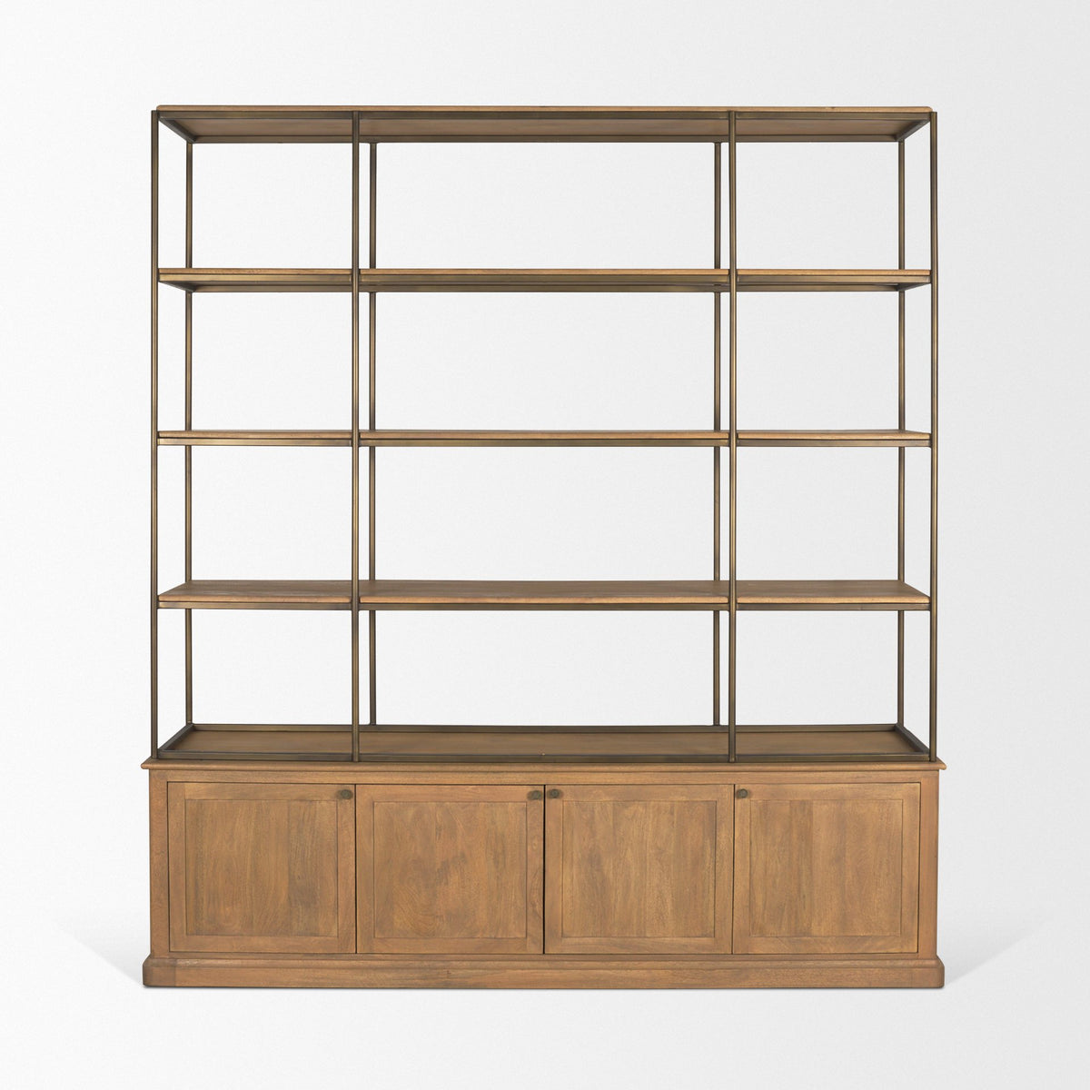 Baron 4-Door Light Brown Wood w/ Gunmetal Open Shelving Unit-Shelving-DECOROLALA