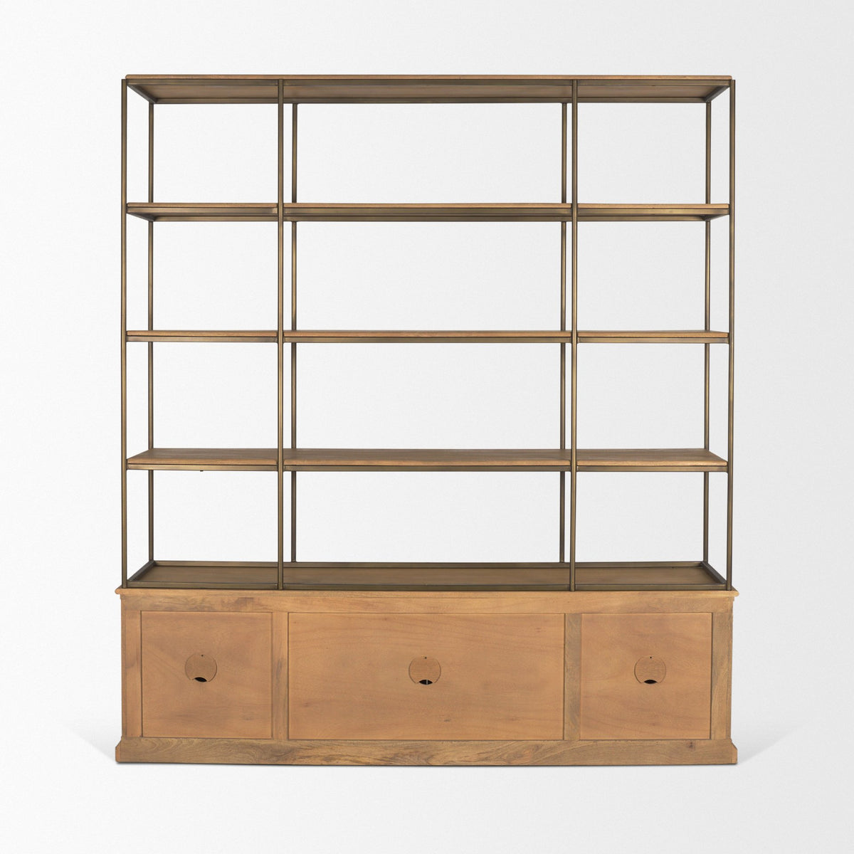 Baron 4-Door Light Brown Wood w/ Gunmetal Open Shelving Unit-Shelving-DECOROLALA