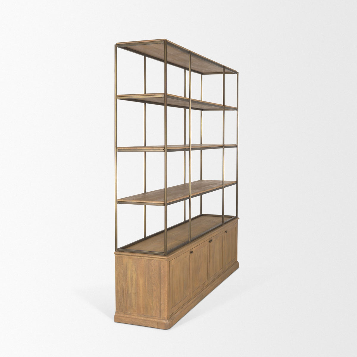 Baron 4-Door Light Brown Wood w/ Gunmetal Open Shelving Unit-Shelving-DECOROLALA