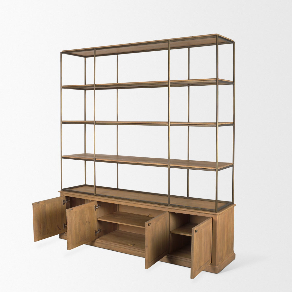 Baron 4-Door Light Brown Wood w/ Gunmetal Open Shelving Unit-Shelving-DECOROLALA