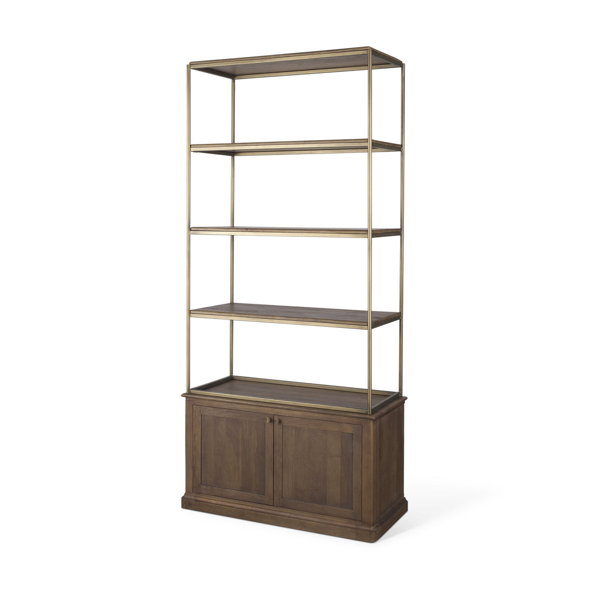 Baron Dark Brown Wood w/ Antiqued Aged Brass Metal 2-Door Open Shelving Unit-Shelving-DECOROLALA