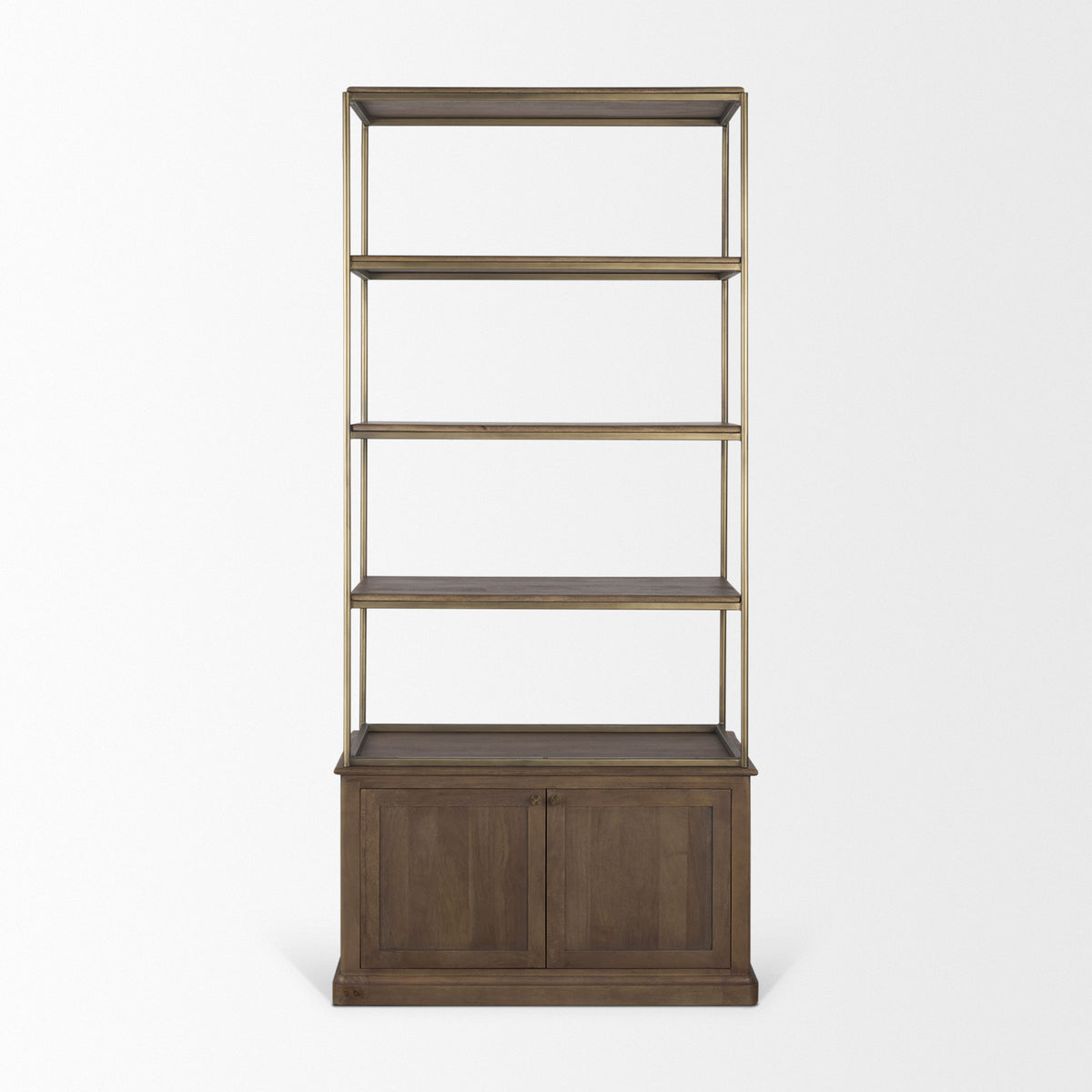 Baron Dark Brown Wood w/ Antiqued Aged Brass Metal 2-Door Open Shelving Unit-Shelving-DECOROLALA