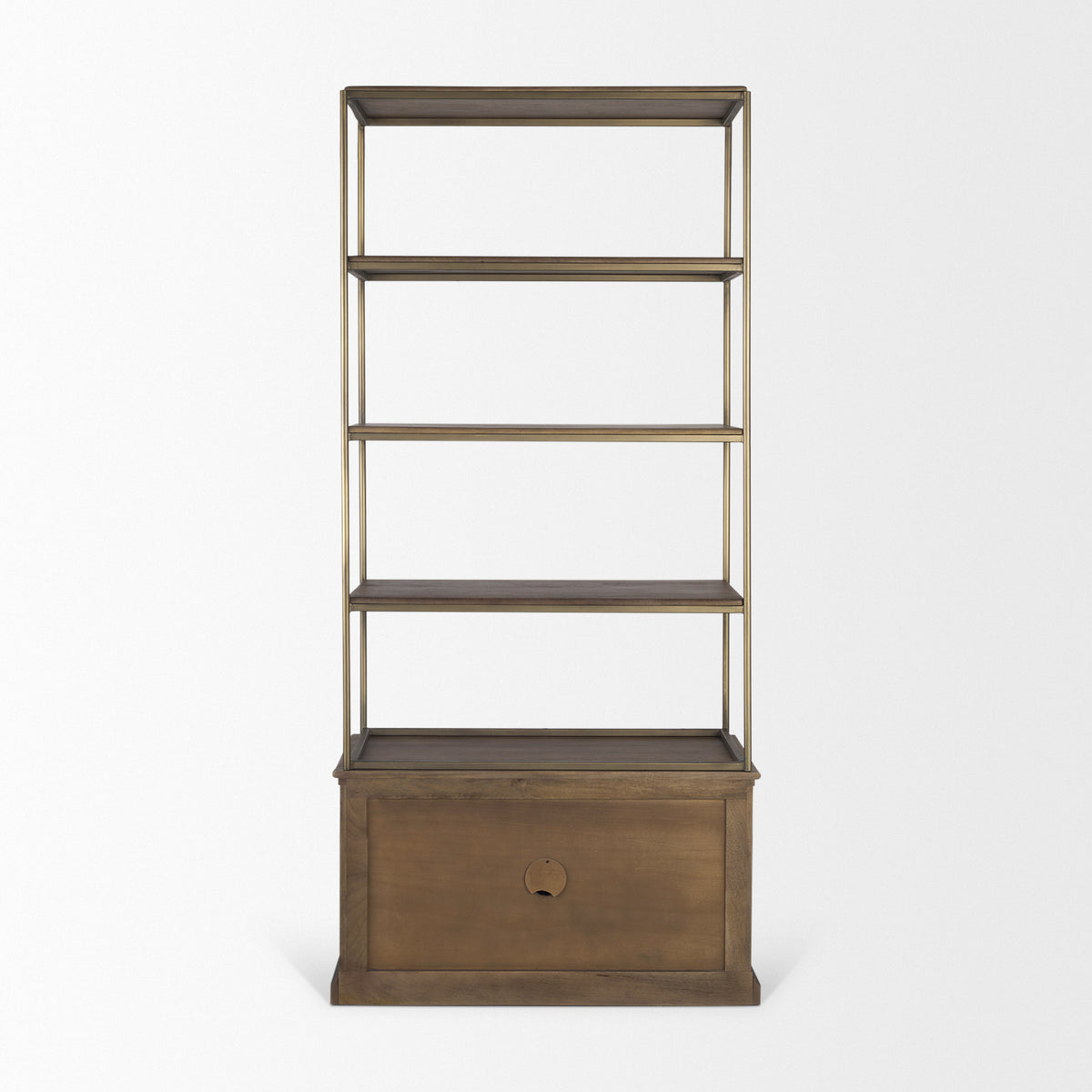 Baron Dark Brown Wood w/ Antiqued Aged Brass Metal 2-Door Open Shelving Unit-Shelving-DECOROLALA