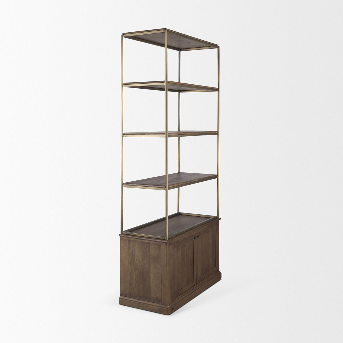 Baron Dark Brown Wood w/ Antiqued Aged Brass Metal 2-Door Open Shelving Unit-Shelving-DECOROLALA