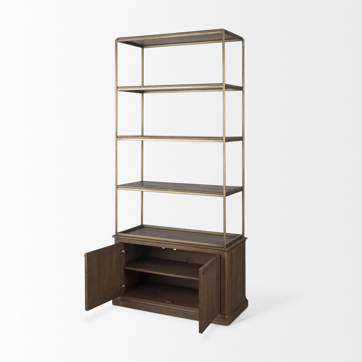 Baron Dark Brown Wood w/ Antiqued Aged Brass Metal 2-Door Open Shelving Unit-Shelving-DECOROLALA