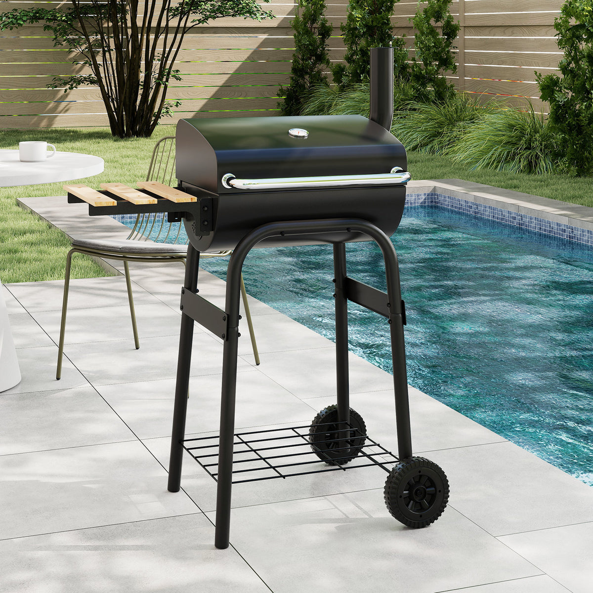 Barrel Charcoal Grill with Foldable Side Table and Thermostat-Black-Outdoor Grills-DECOROLALA