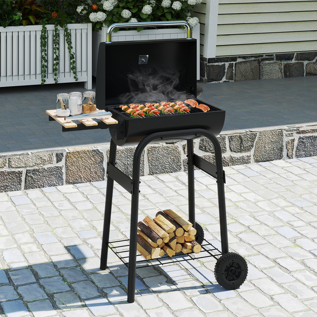 Barrel Charcoal Grill with Foldable Side Table and Thermostat-Black-Outdoor Grills-DECOROLALA