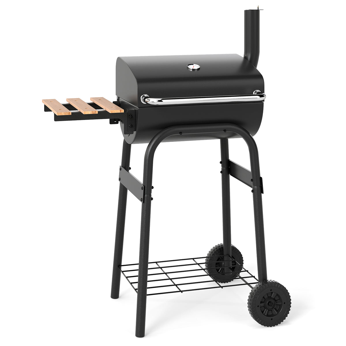 Barrel Charcoal Grill with Foldable Side Table and Thermostat-Black-Outdoor Grills-DECOROLALA