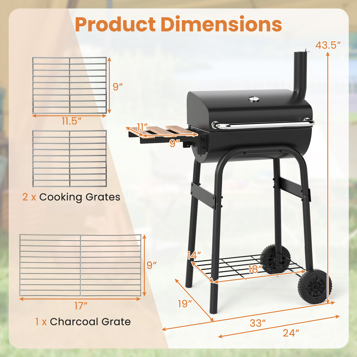 Barrel Charcoal Grill with Foldable Side Table and Thermostat-Black-Outdoor Grills-DECOROLALA