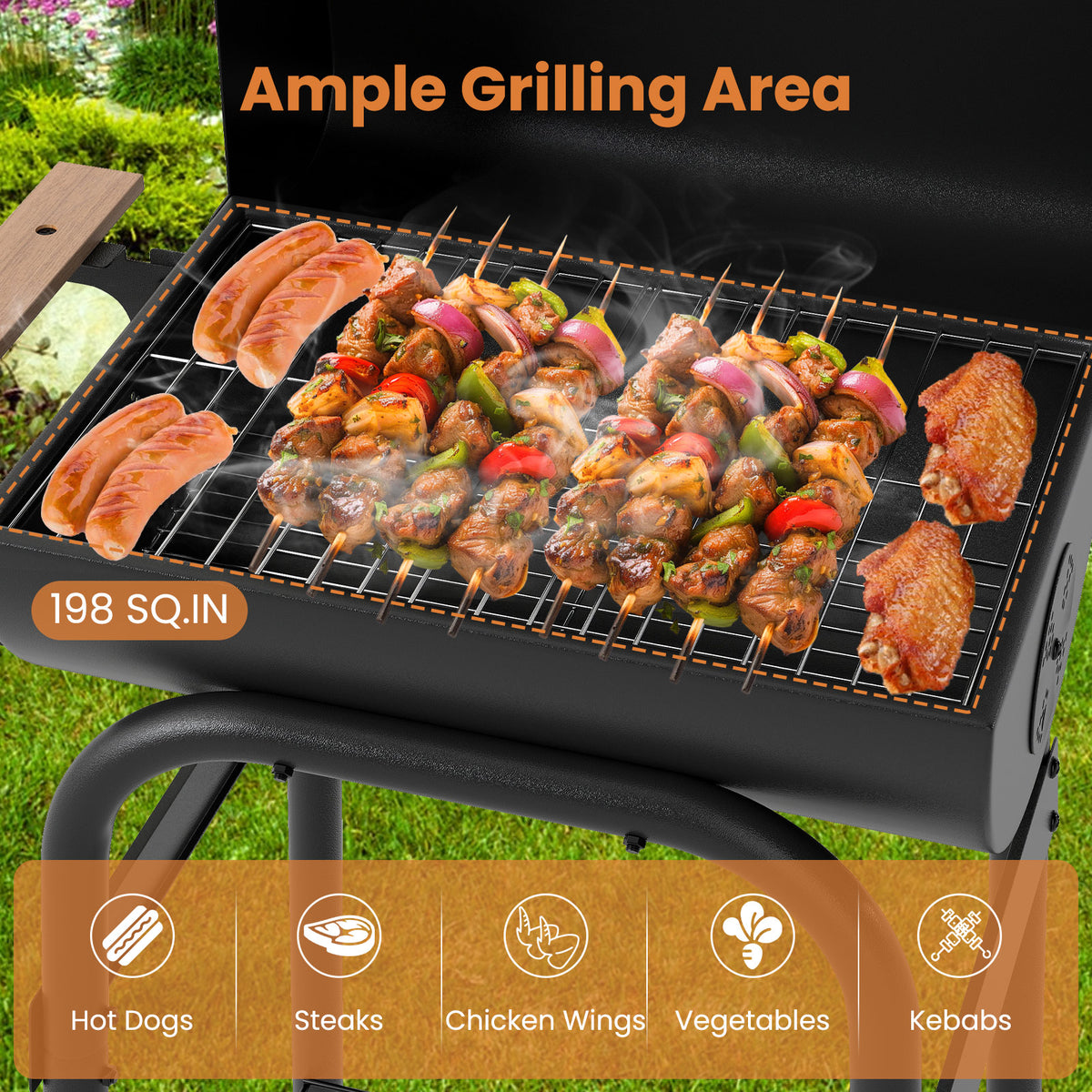 Barrel Charcoal Grill with Foldable Side Table and Thermostat-Black-Outdoor Grills-DECOROLALA