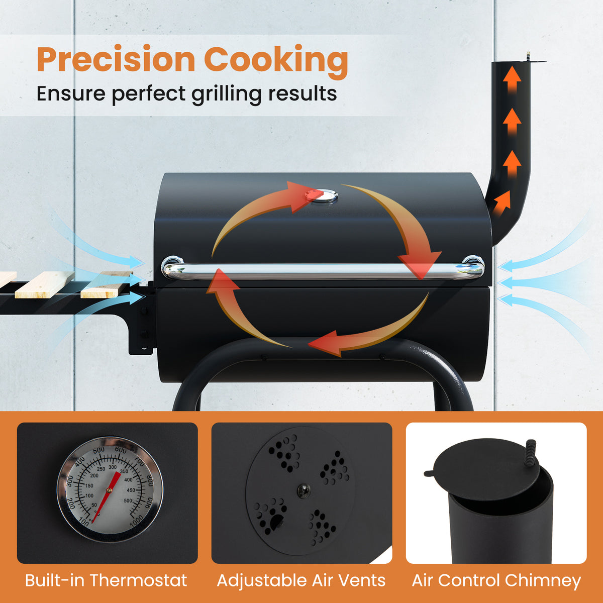 Barrel Charcoal Grill with Foldable Side Table and Thermostat-Black-Outdoor Grills-DECOROLALA