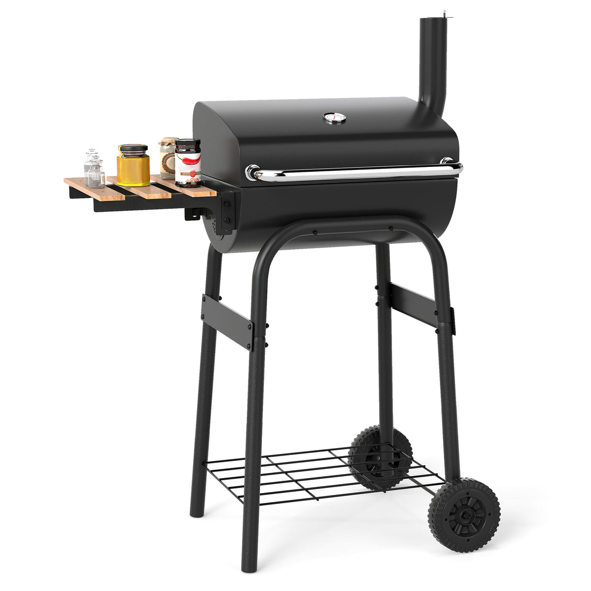 Barrel Charcoal Grill with Foldable Side Table and Thermostat-Black-Outdoor Grills-DECOROLALA