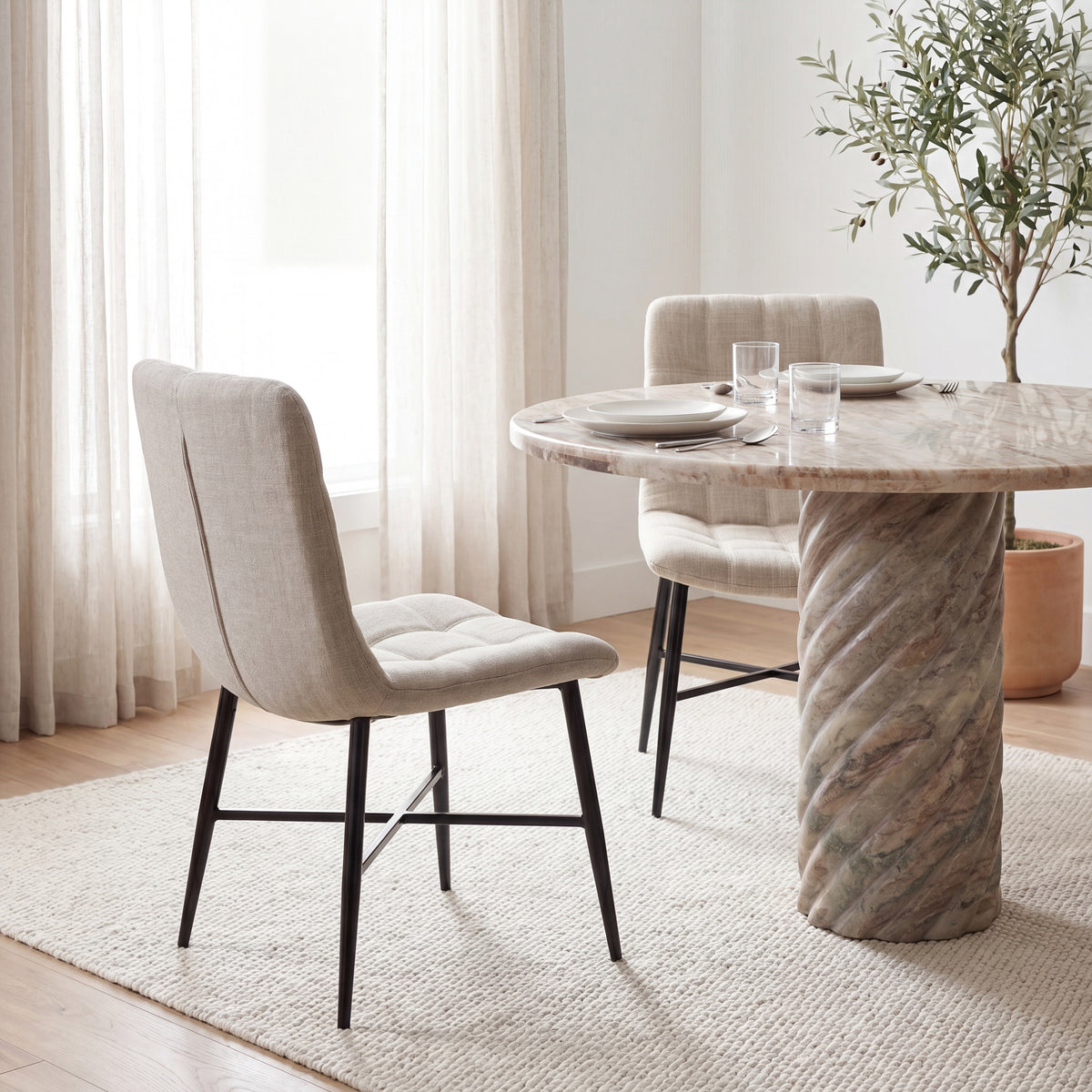 Barrow Solid Back Dining Side Chair | Beige Fabric w/ Black Metal-Dining Chairs-DECOROLALA