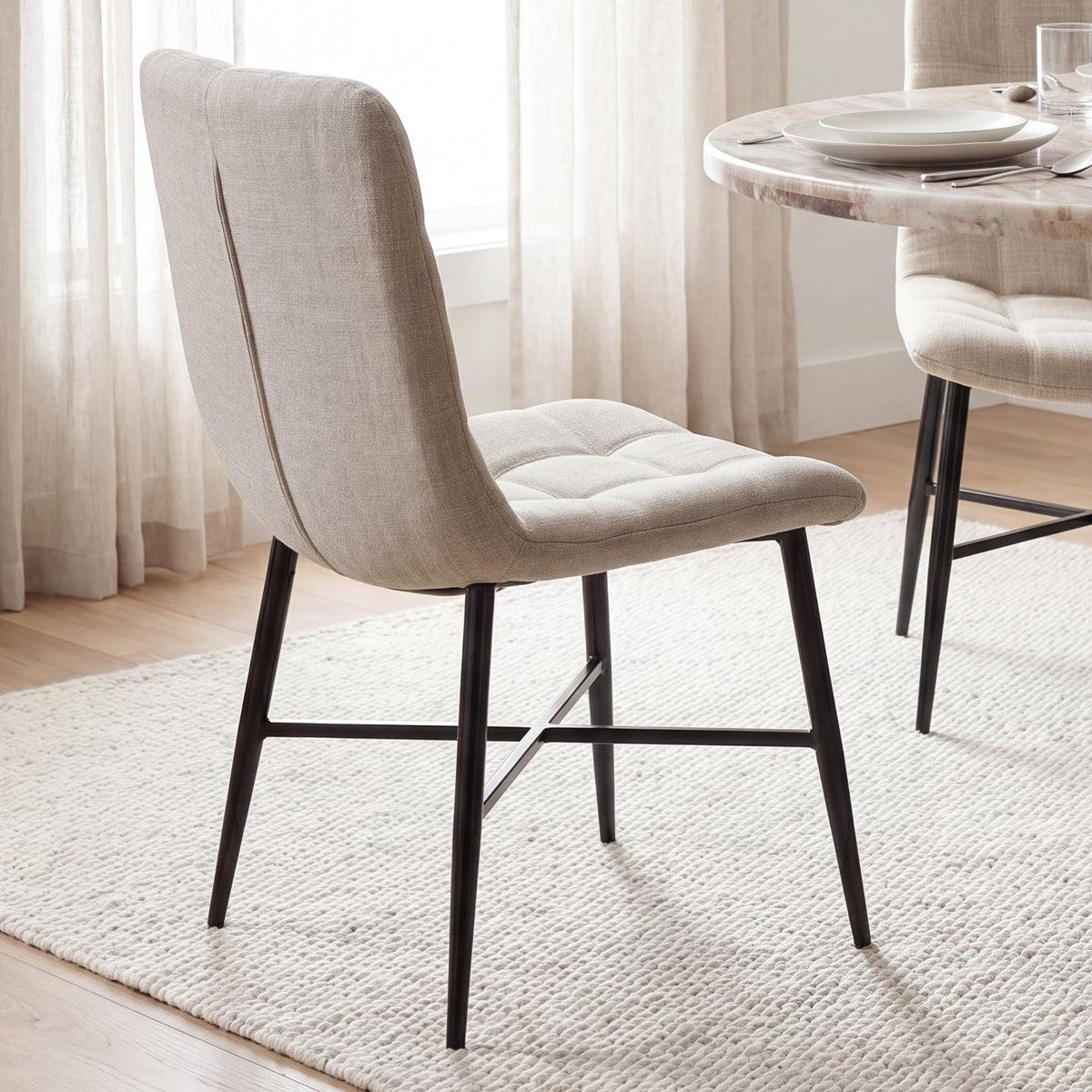 Barrow Solid Back Dining Side Chair | Beige Fabric w/ Black Metal-Dining Chairs-DECOROLALA