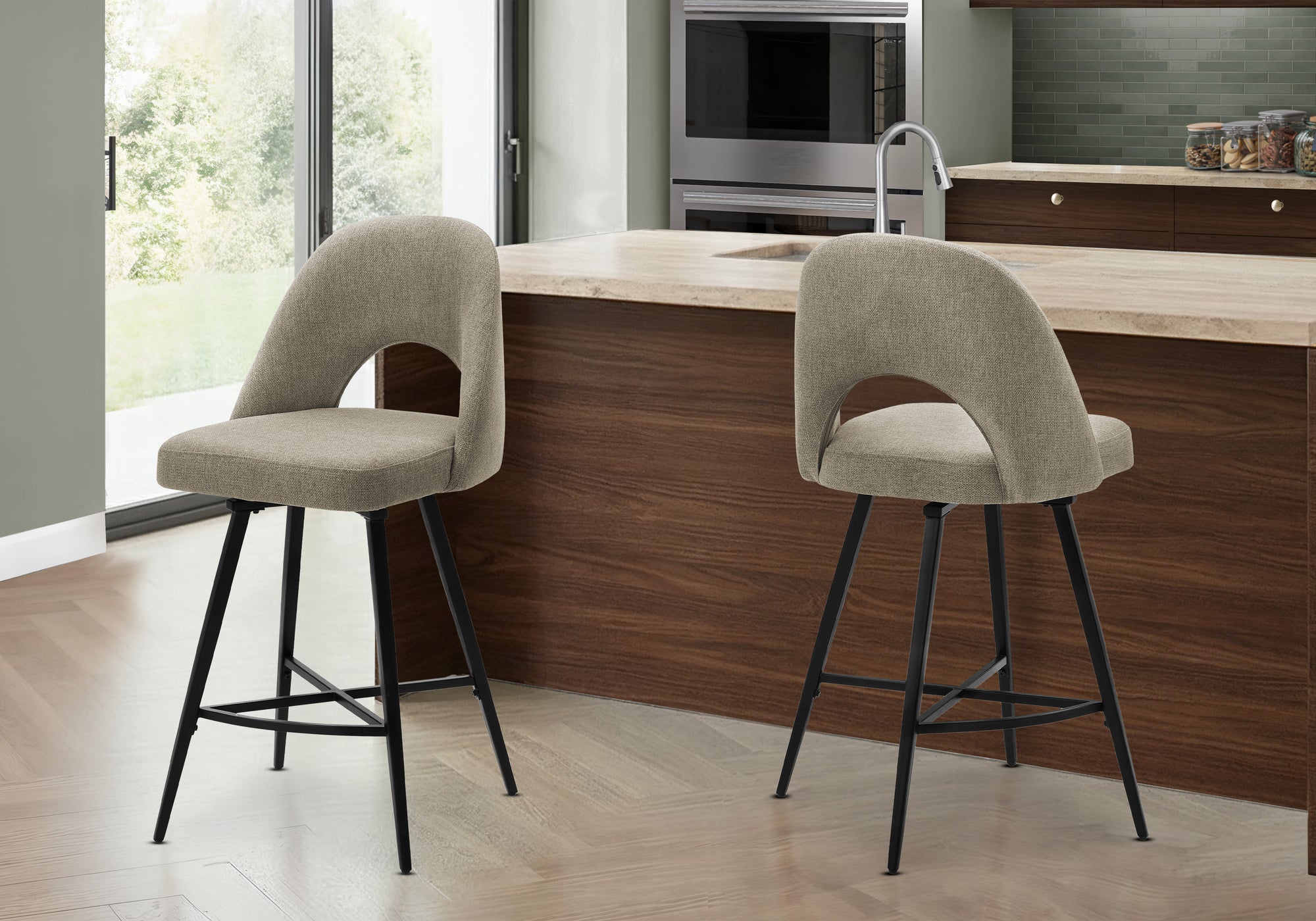 Barstool, 39" Height, Set Of 2, Counter Height, Swivel, Kitchen, Beige Fabric, Black Metal, Contemporary, Modern-DECOROLALA