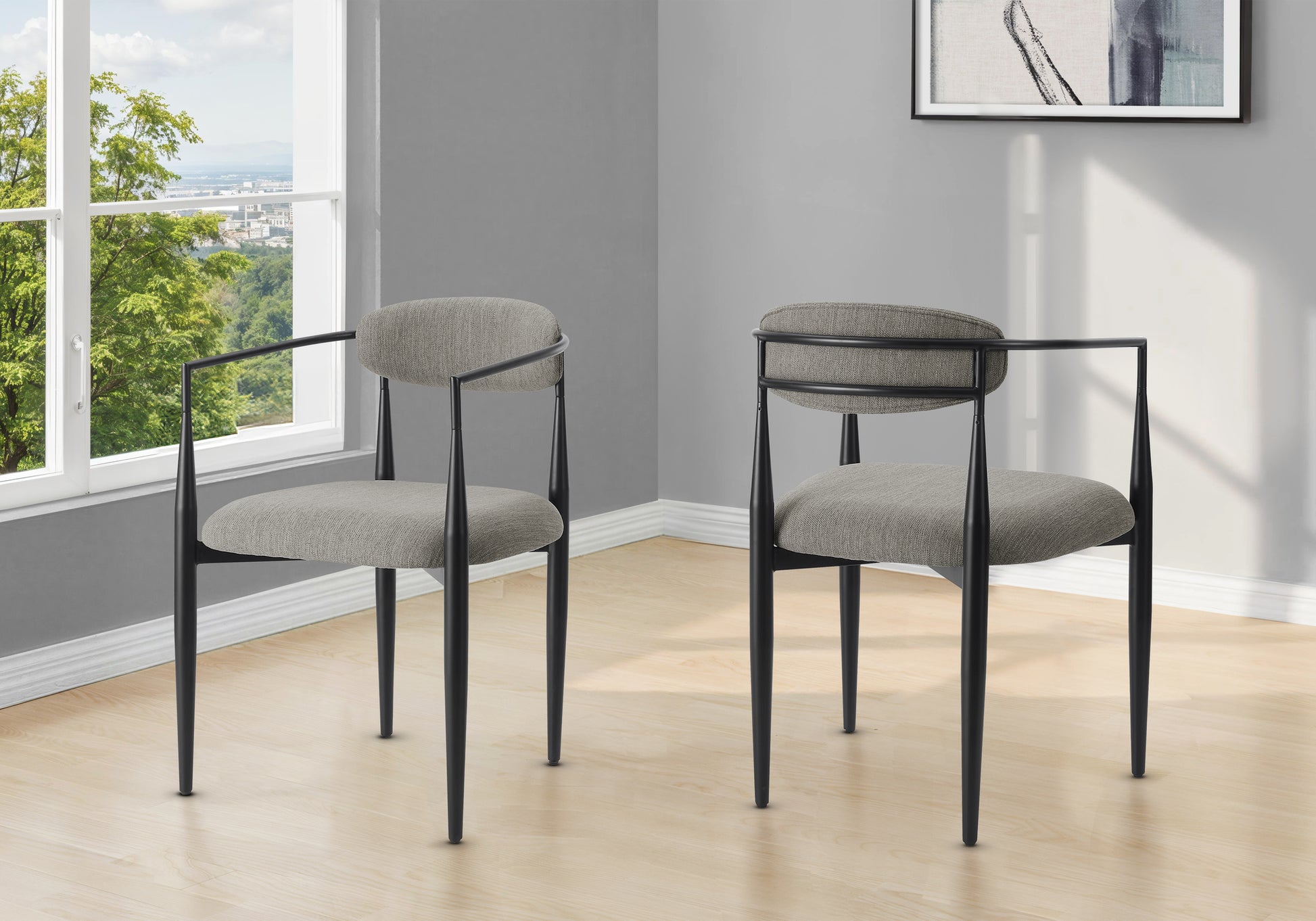 Barstool, Counter Height, Set Of 2, Kitchen, Grey Fabric, Black Metal, Contemporary, Modern-DECOROLALA