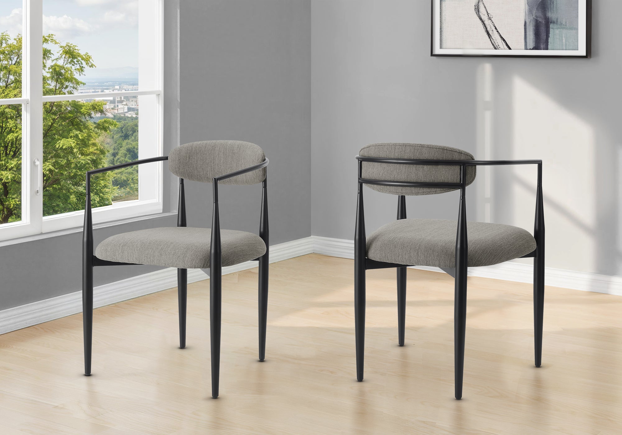 Barstool, Counter Height, Set Of 2, Kitchen, Grey Fabric, Black Metal, Contemporary, Modern-DECOROLALA