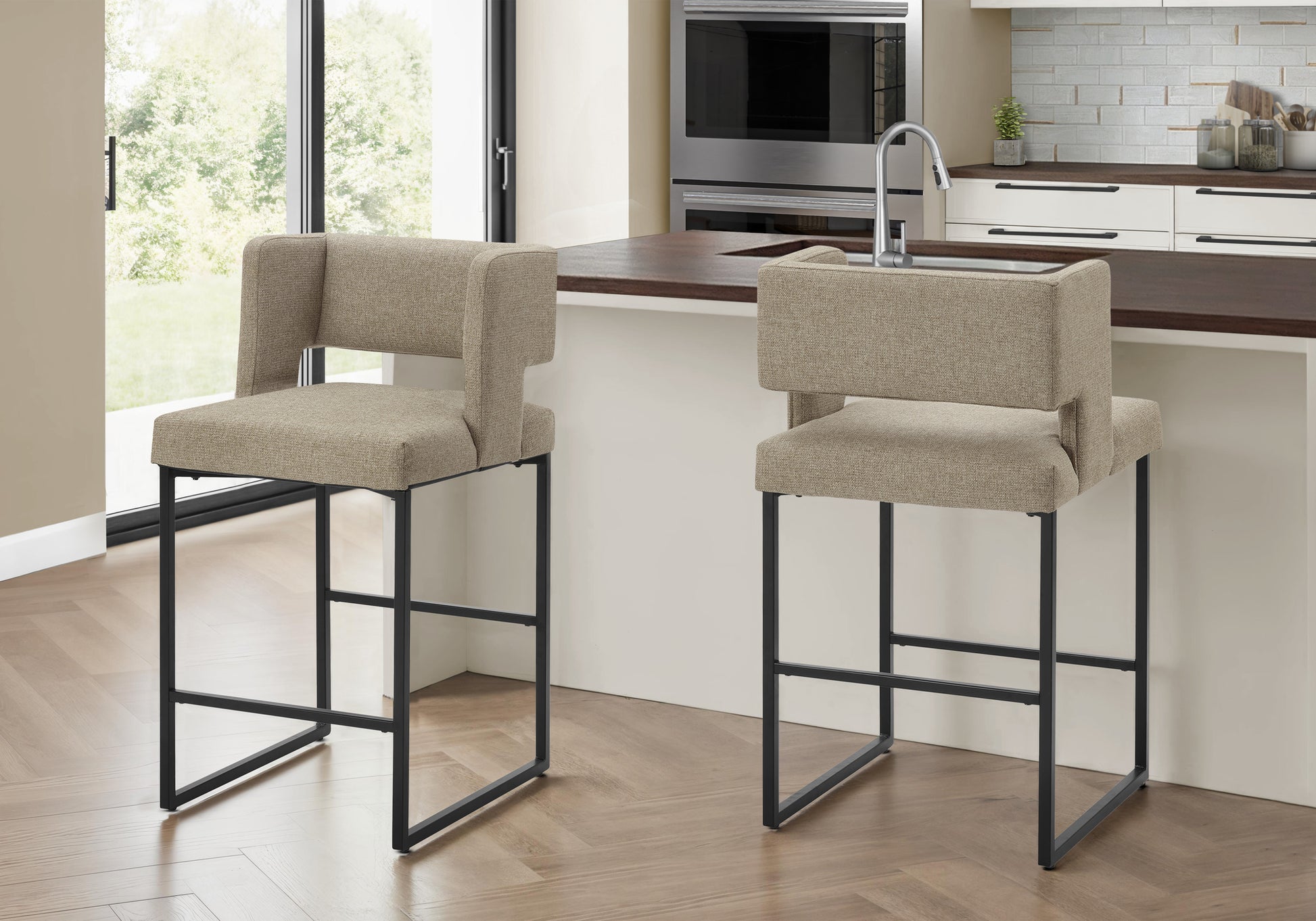 Barstool Set 2 Counter Height Brown Fabric Black-DECOROLALA
