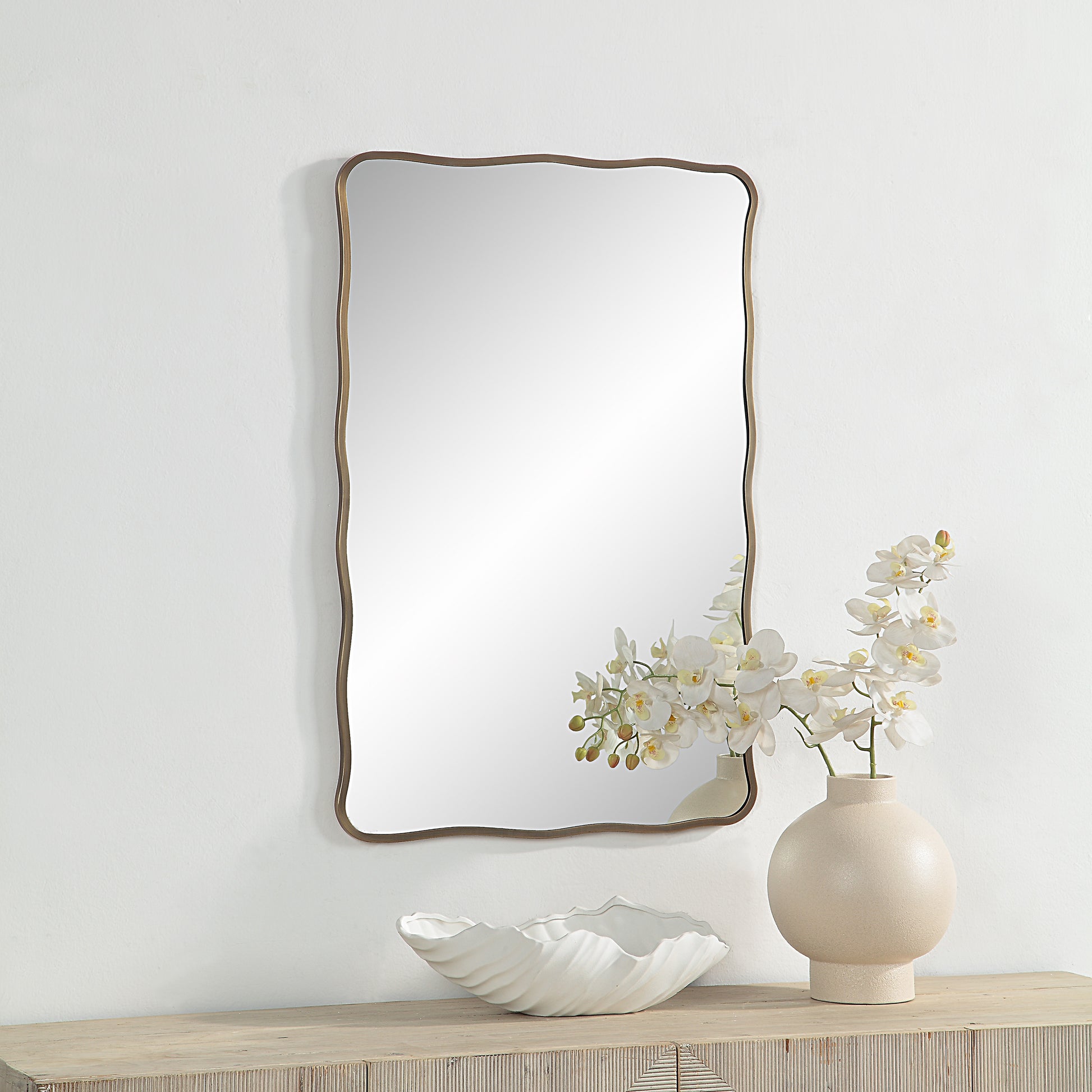 Basel 36" Tall Rectangular Irregular Mirror, Antique Brushed Brass-Mirror-DECOROLALA