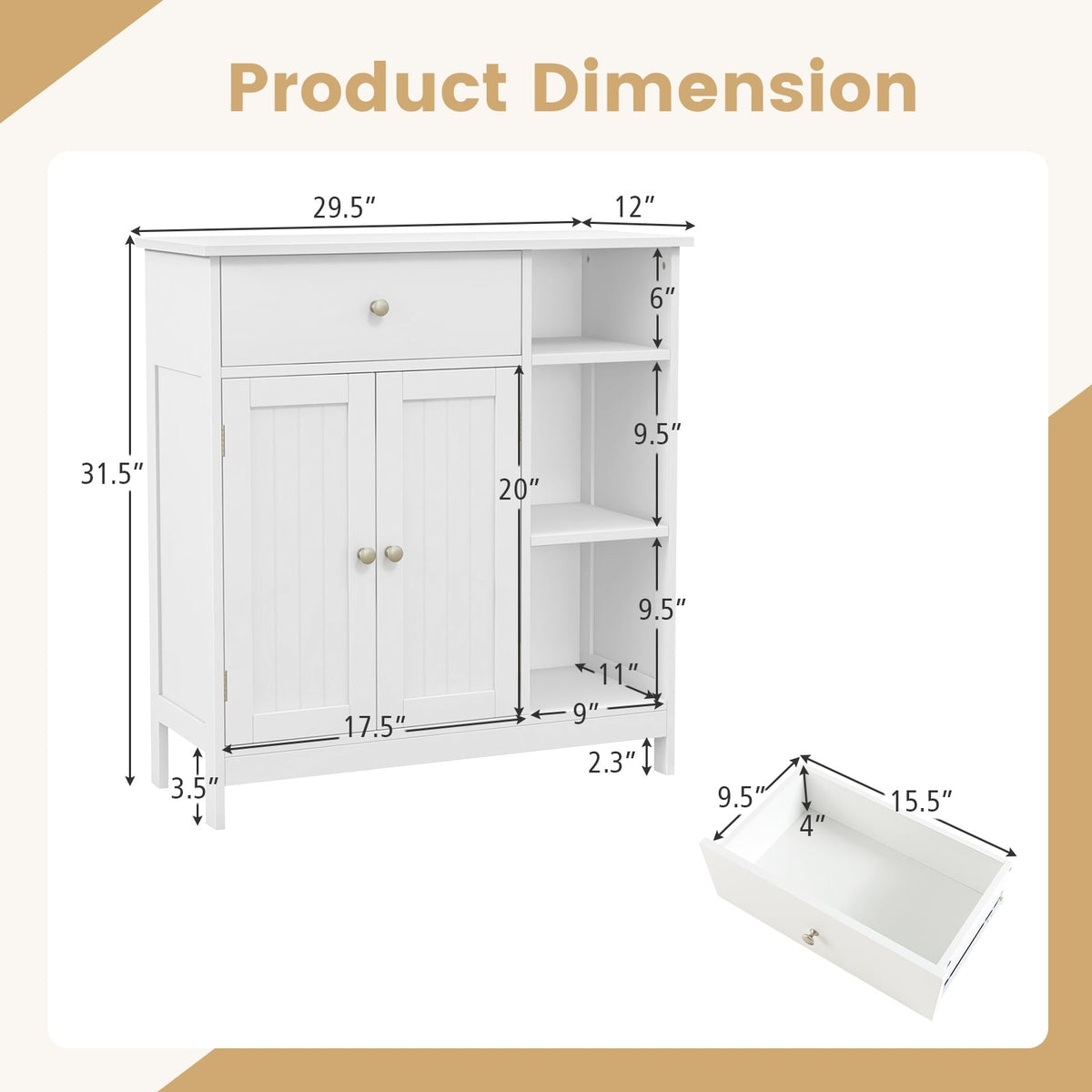 White Bathroom Floor Cabinet - MDF Storage Unit 30" x 12" x 32"-Floor Cabinets-DECOROLALA