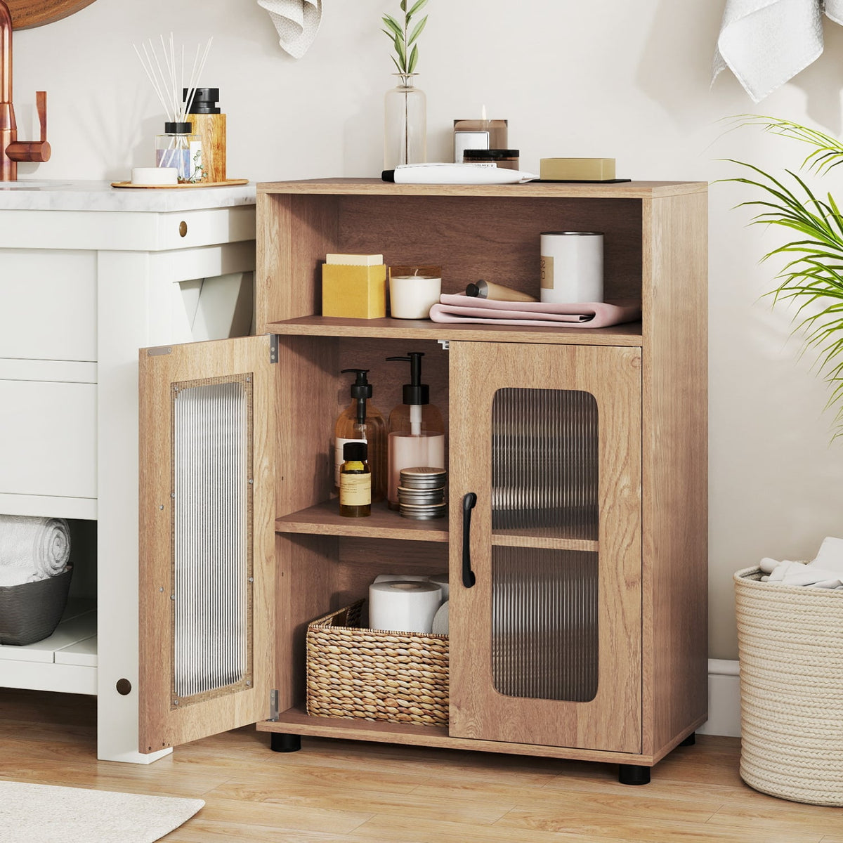 Bathroom Cabinet with 2 Doors & Adjustable Shelf - Natural-Floor Cabinets-DECOROLALA