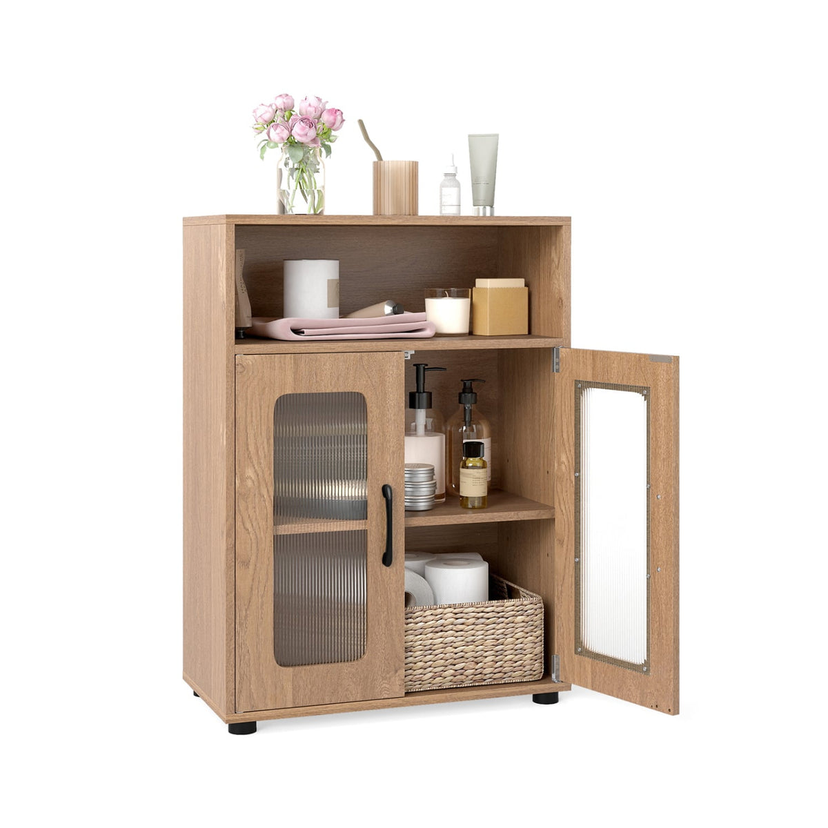Bathroom Cabinet with 2 Doors & Adjustable Shelf - Natural-Floor Cabinets-DECOROLALA