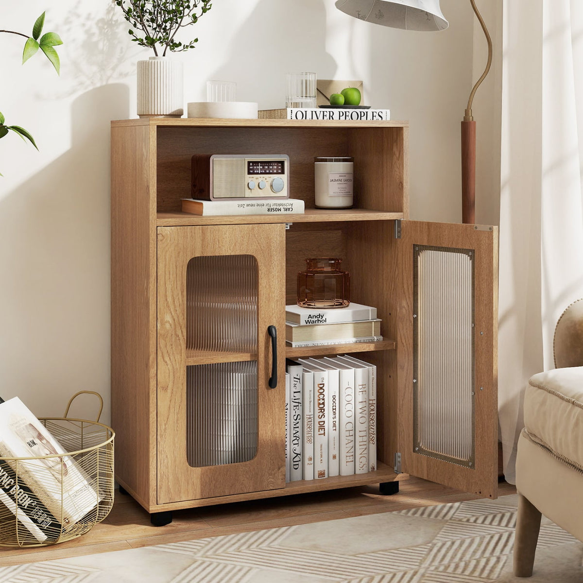 Bathroom Cabinet with 2 Doors & Adjustable Shelf - Natural-Floor Cabinets-DECOROLALA
