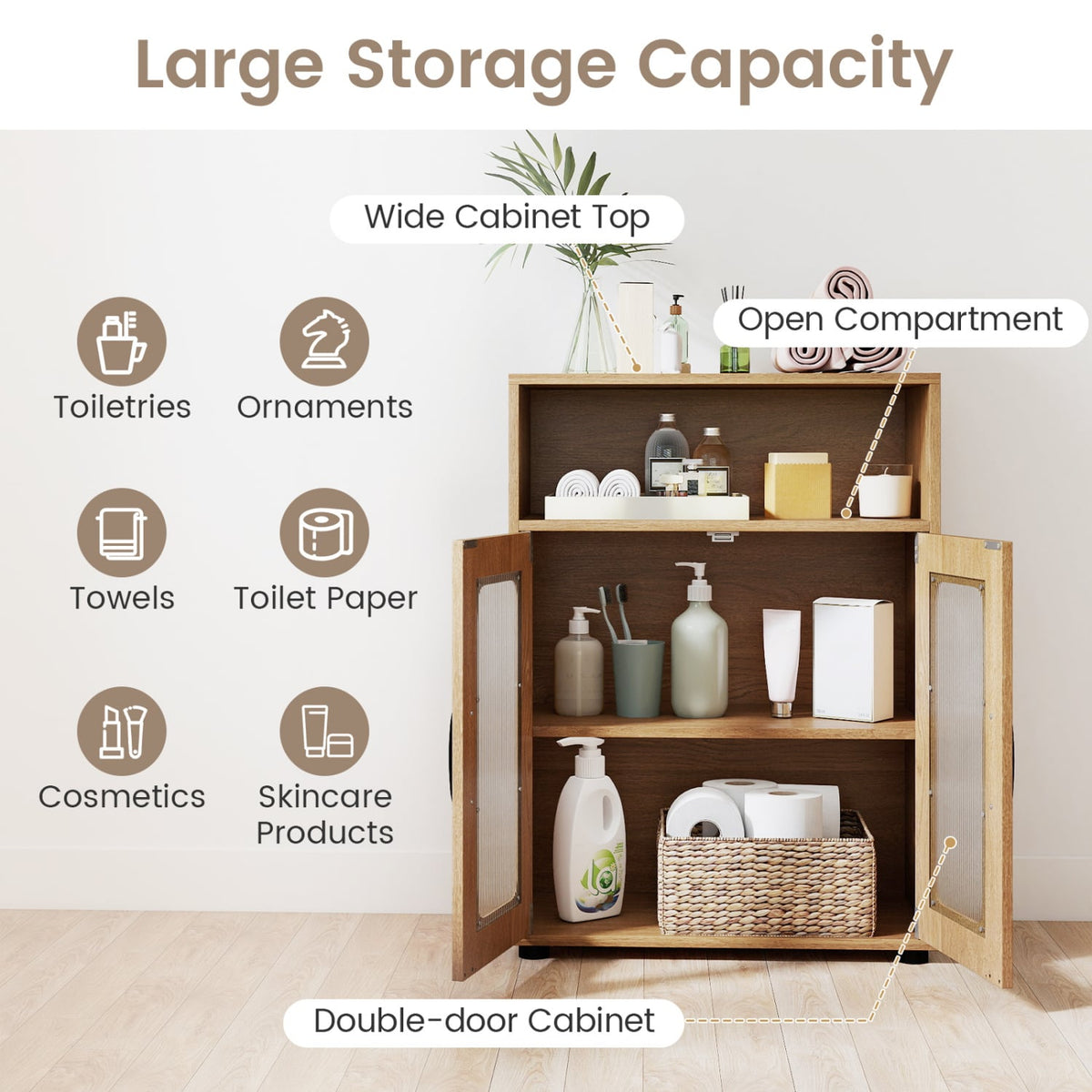 Bathroom Cabinet with 2 Doors & Adjustable Shelf - Natural-Floor Cabinets-DECOROLALA