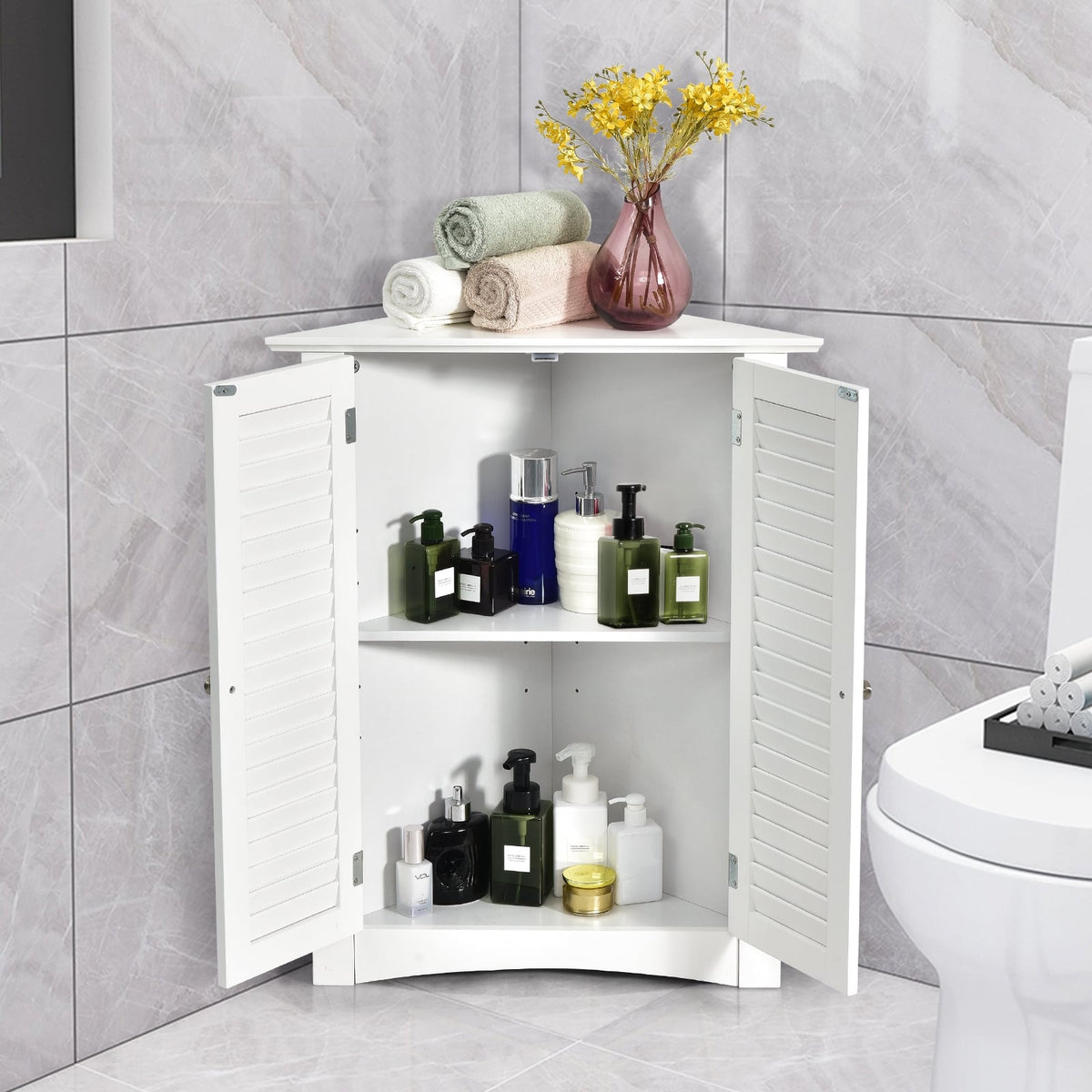 Bathroom Corner Floor Cabinet with Shutter Door - White 32"H-Bathroom Floor Cabinets-DECOROLALA