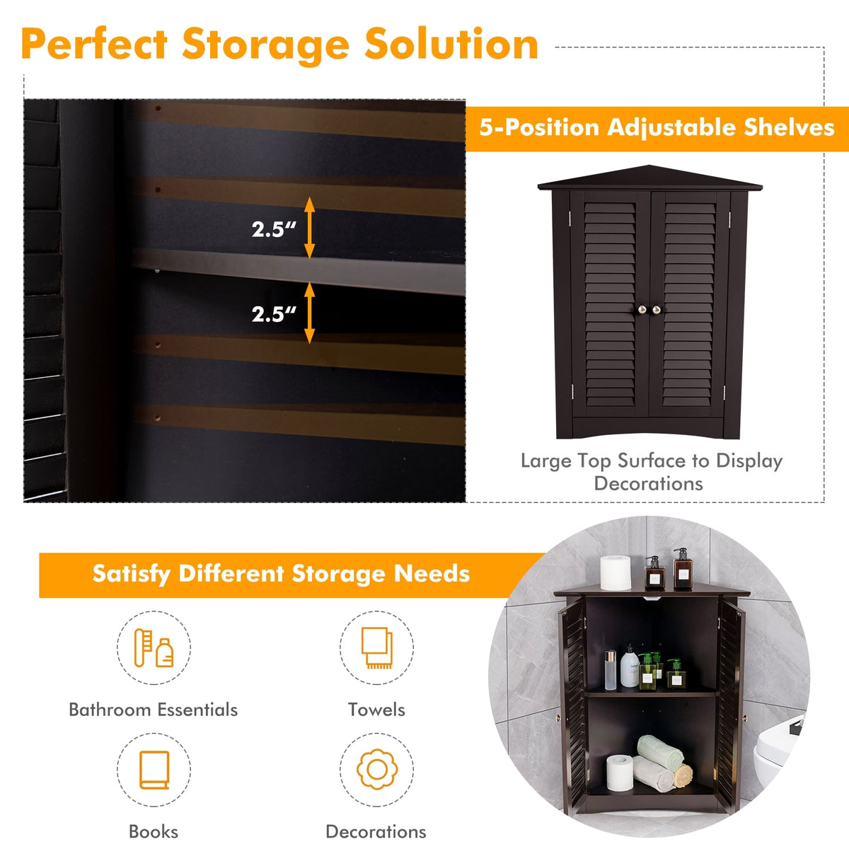 Bathroom Corner Storage Cabinet with Shutter Door - Brown-Bathroom Floor Cabinets-DECOROLALA