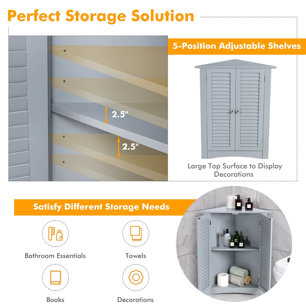 Bathroom Corner Storage Cabinet with Shutter Door - Gray-Bathroom Floor Cabinets-DECOROLALA
