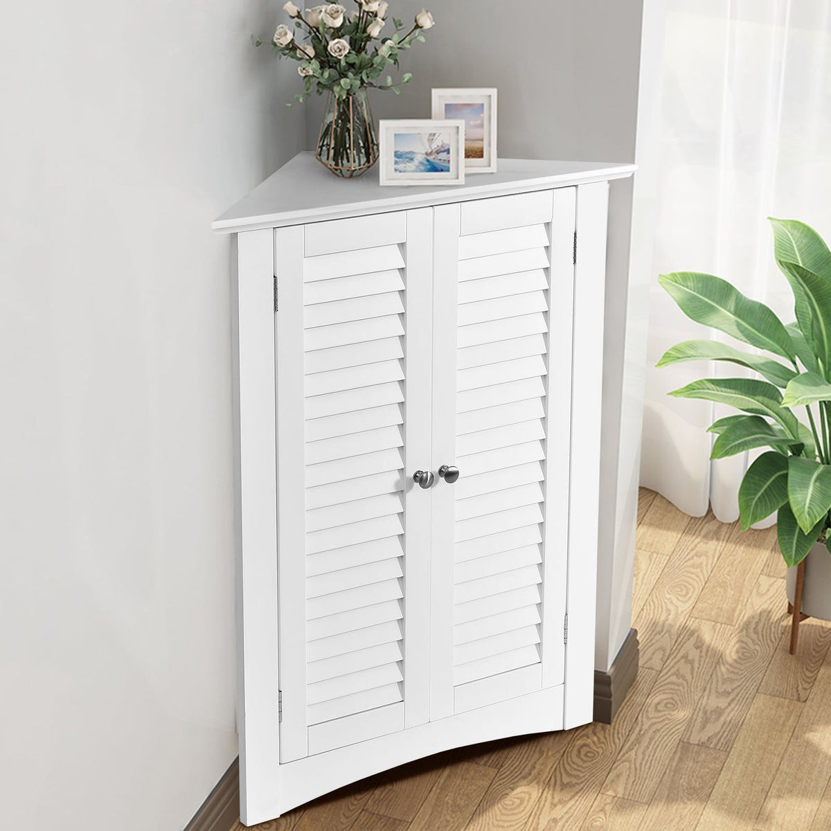 Bathroom Corner Floor Cabinet with Shutter Door - White 32"H-Floor Cabinets-DECOROLALA