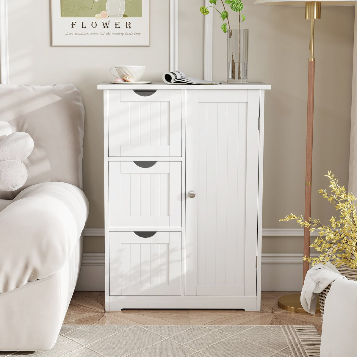 Bathroom Floor Cabinet - 3 Drawers & 1 Cupboard White 24"x32"-Floor Cabinets-DECOROLALA
