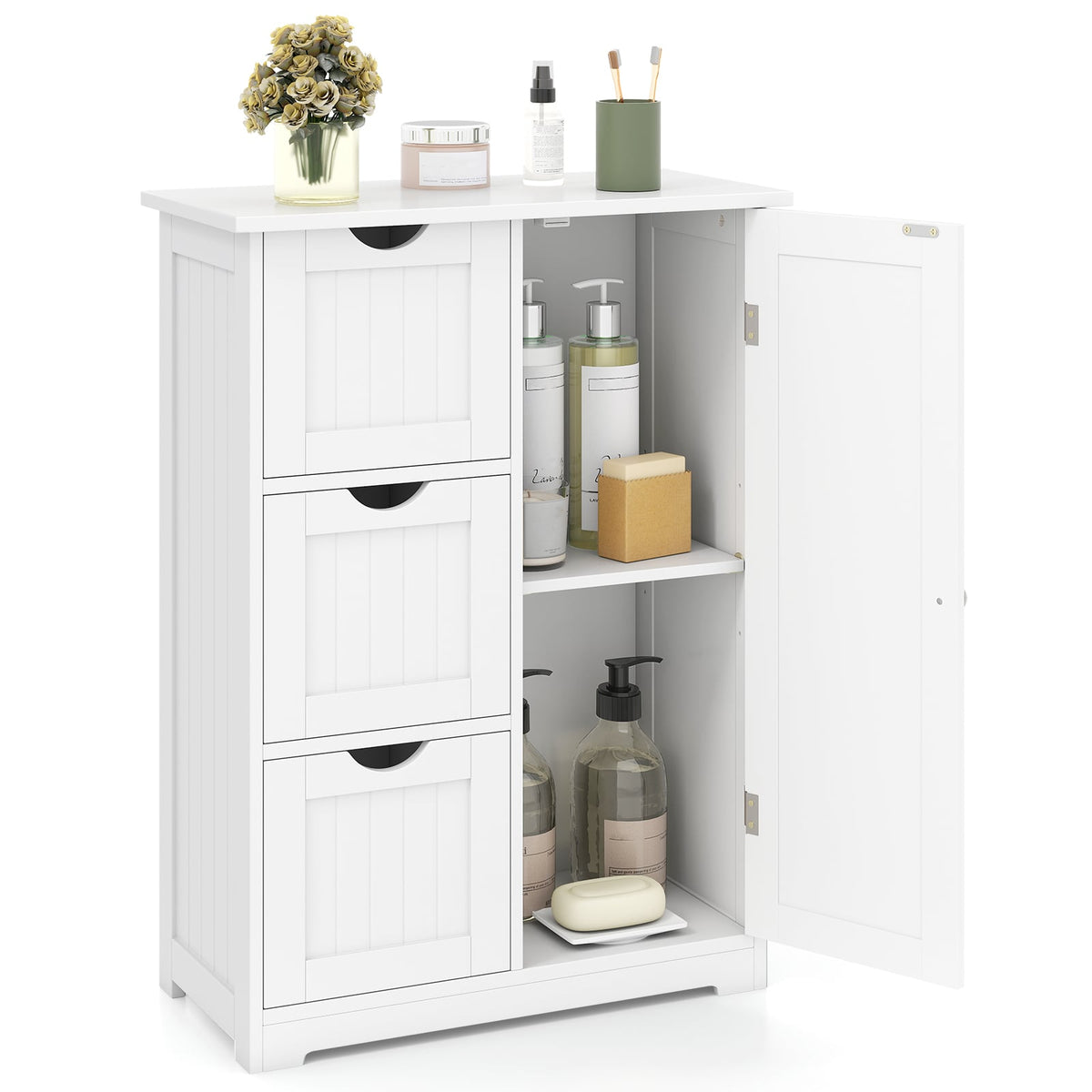 Bathroom Floor Cabinet - 3 Drawers & 1 Cupboard White 24"x32"-Floor Cabinets-DECOROLALA