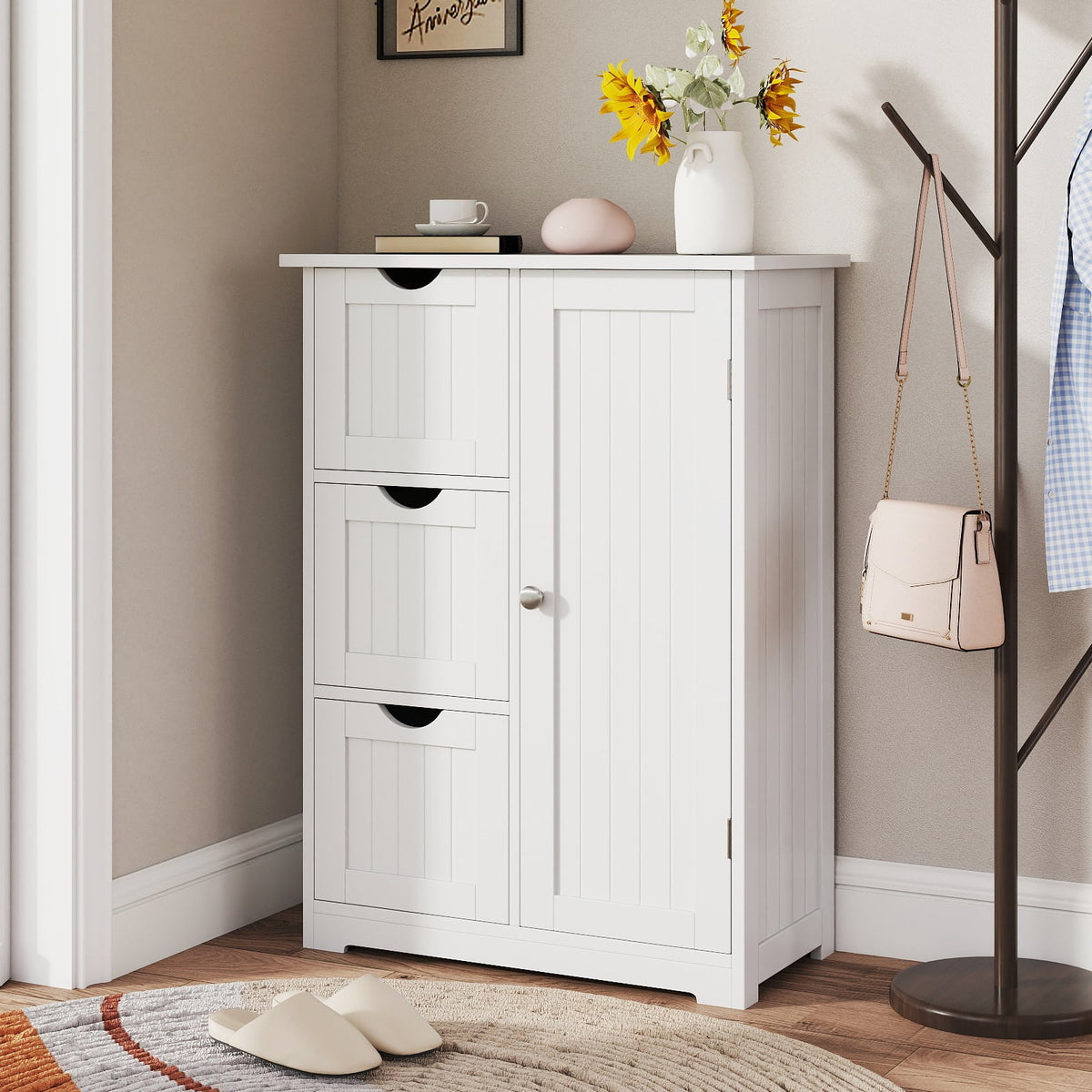 Bathroom Floor Cabinet - 3 Drawers & 1 Cupboard White 24"x32"-Floor Cabinets-DECOROLALA