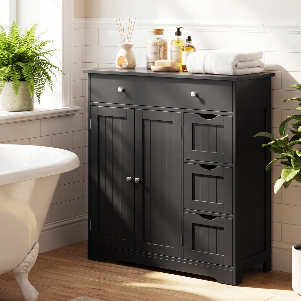 Bathroom Floor Cabinet - 4 Drawers 2 Doors Black 32" Wide-Floor Cabinets-DECOROLALA