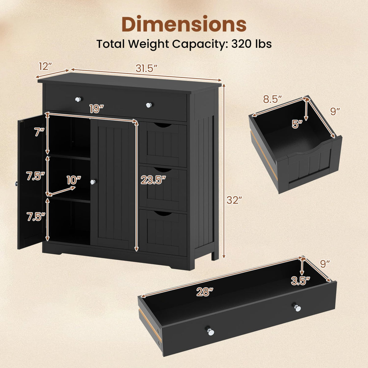 Bathroom Floor Cabinet - 4 Drawers 2 Doors Black 32" Wide-Floor Cabinets-DECOROLALA
