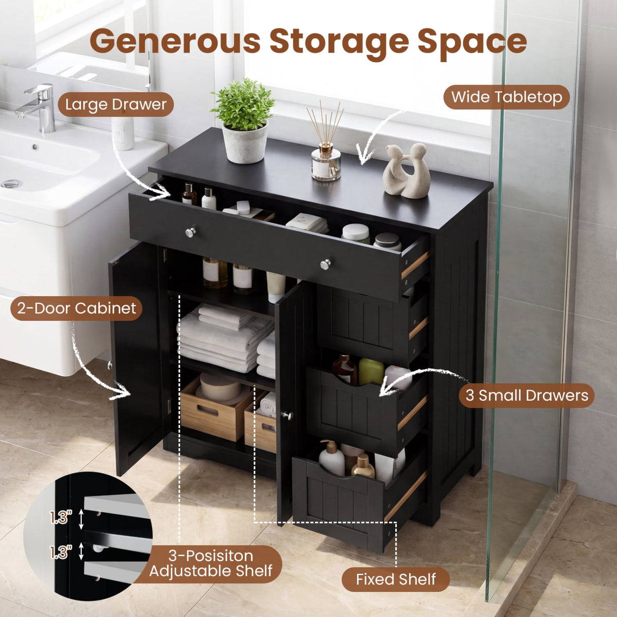 Bathroom Floor Cabinet - 4 Drawers 2 Doors Black 32" Wide-Floor Cabinets-DECOROLALA