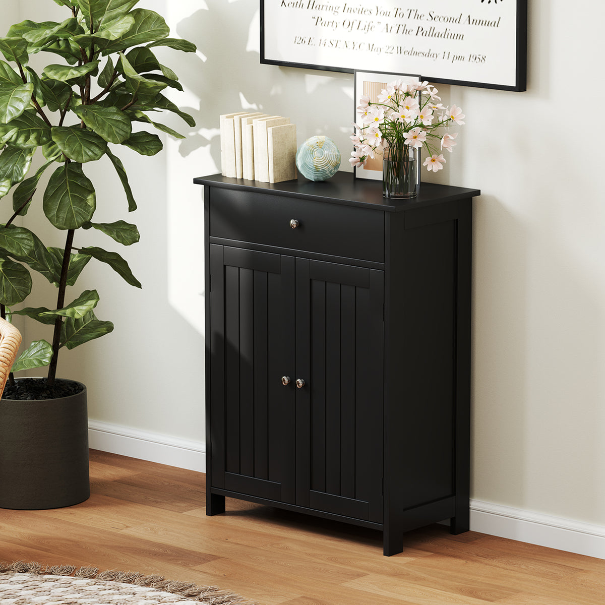 Bathroom Floor Cabinet - Black 2-Door Storage Organizer 24"-Floor Cabinets-DECOROLALA