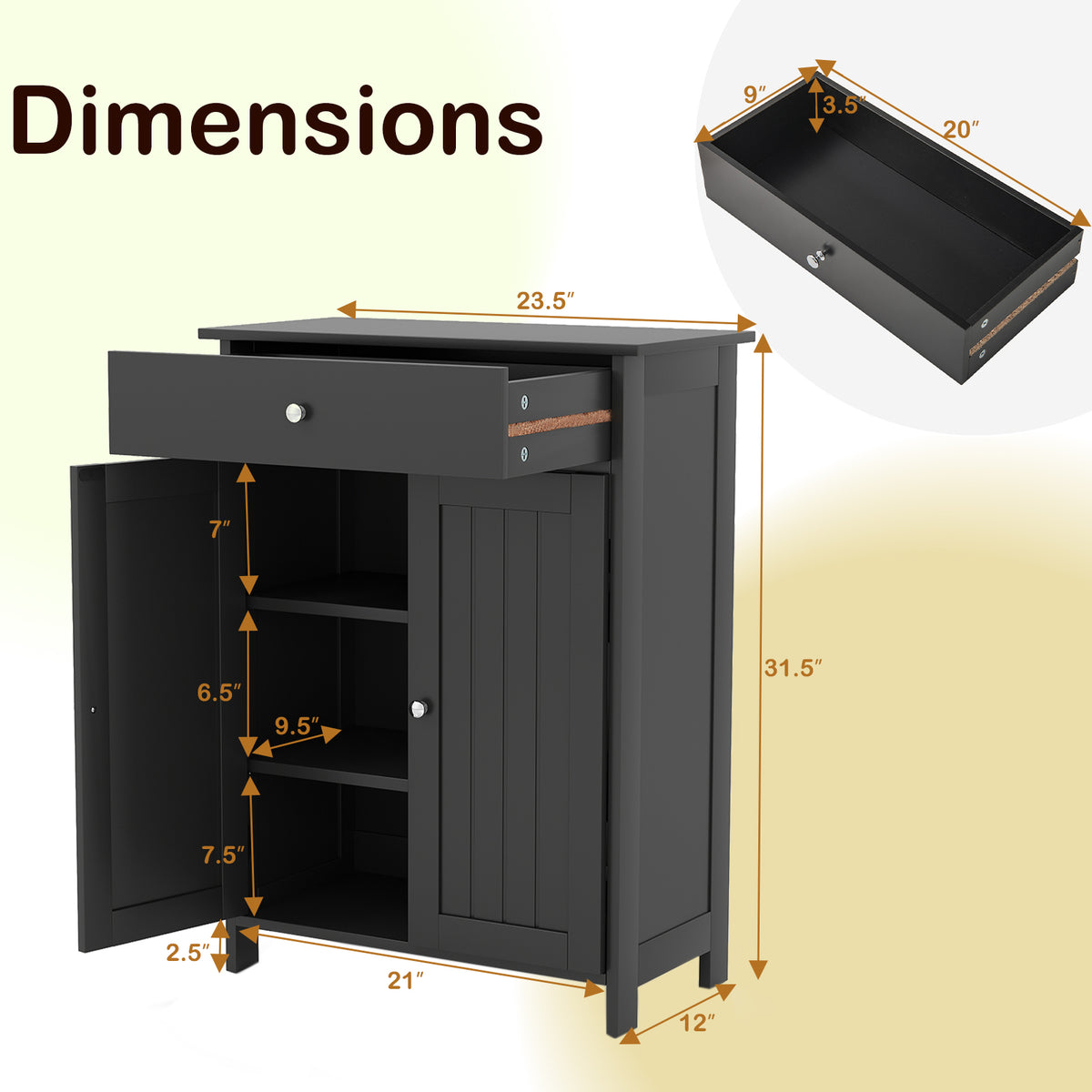 Bathroom Floor Cabinet - Black 2-Door Storage Organizer 24"-Floor Cabinets-DECOROLALA