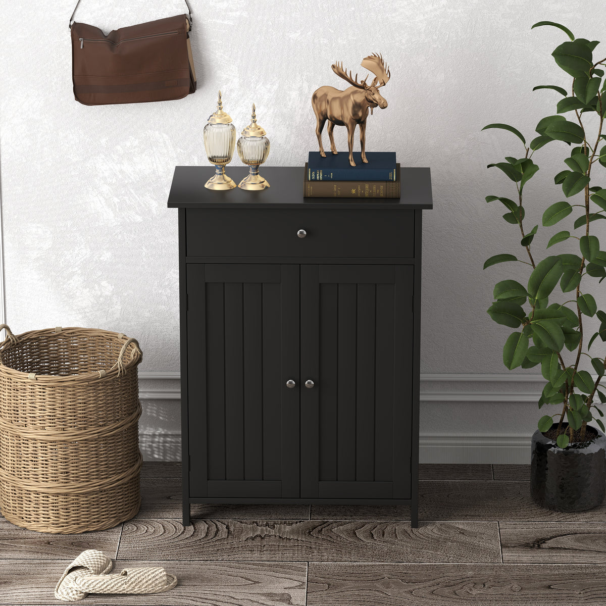 Bathroom Floor Cabinet - Black 2-Door Storage Organizer 24"-Floor Cabinets-DECOROLALA