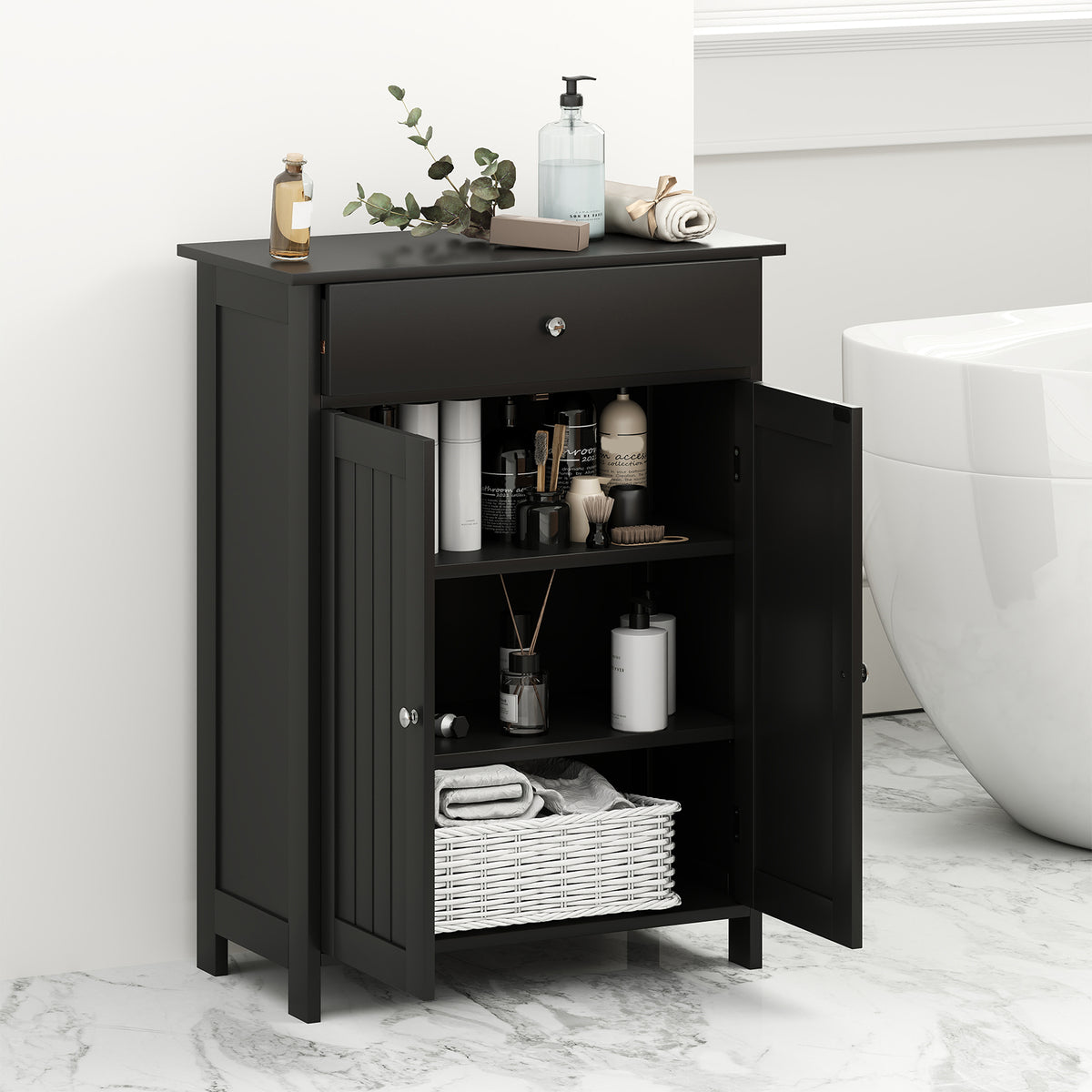 Bathroom Floor Cabinet - Black 2-Door Storage Organizer 24"-Floor Cabinets-DECOROLALA