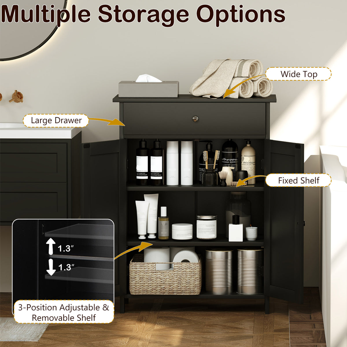 Bathroom Floor Cabinet - Black 2-Door Storage Organizer 24"-Floor Cabinets-DECOROLALA