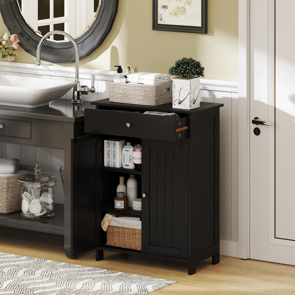 Bathroom Floor Cabinet - Black 2-Door Storage Organizer 24"-Floor Cabinets-DECOROLALA