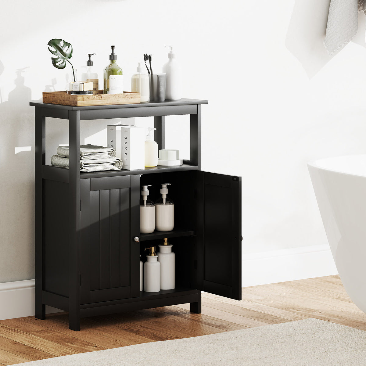 Bathroom Floor Cabinet - Black Freestanding Storage Organizer-Floor Cabinets-DECOROLALA
