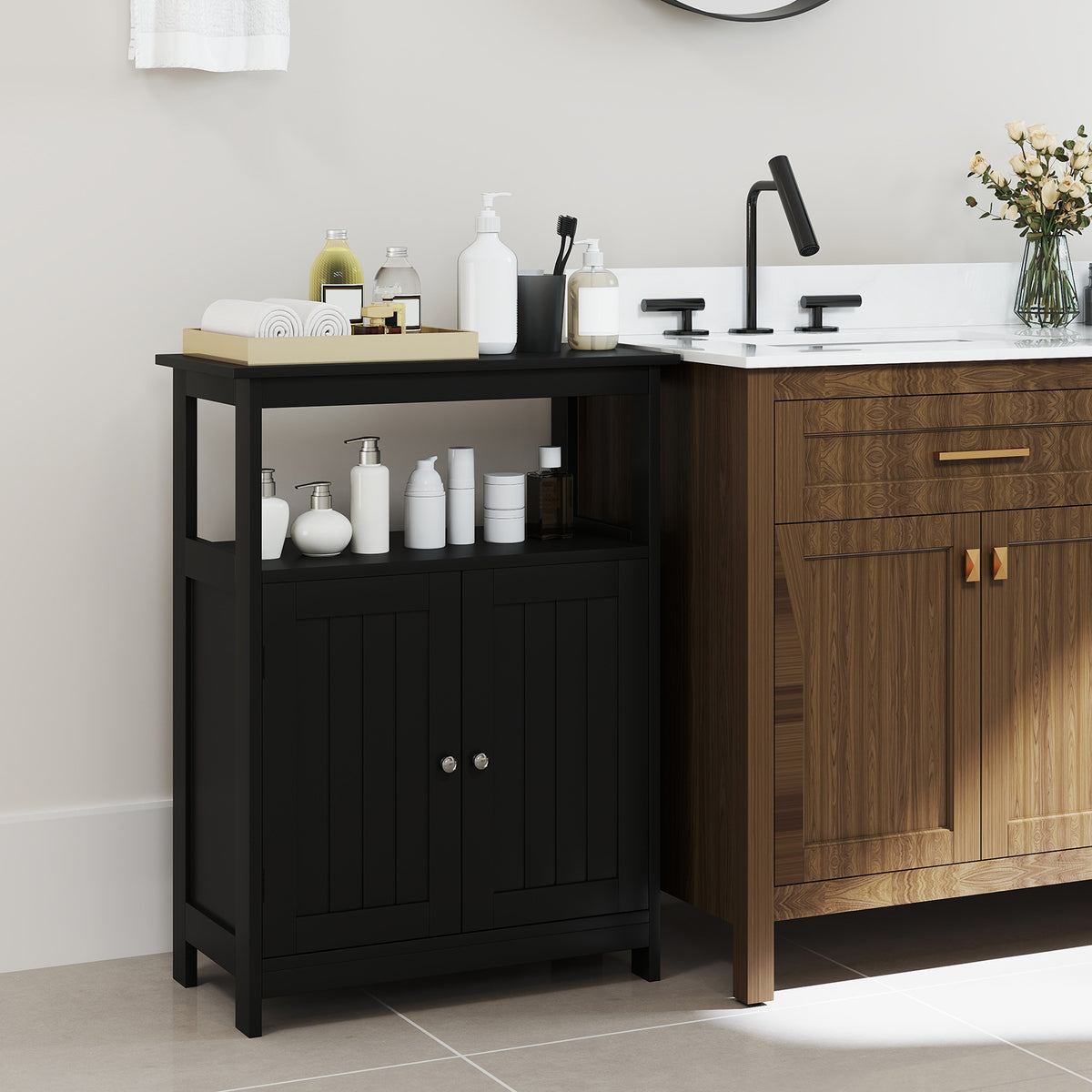 Bathroom Floor Cabinet - Black Freestanding Storage Organizer-Floor Cabinets-DECOROLALA