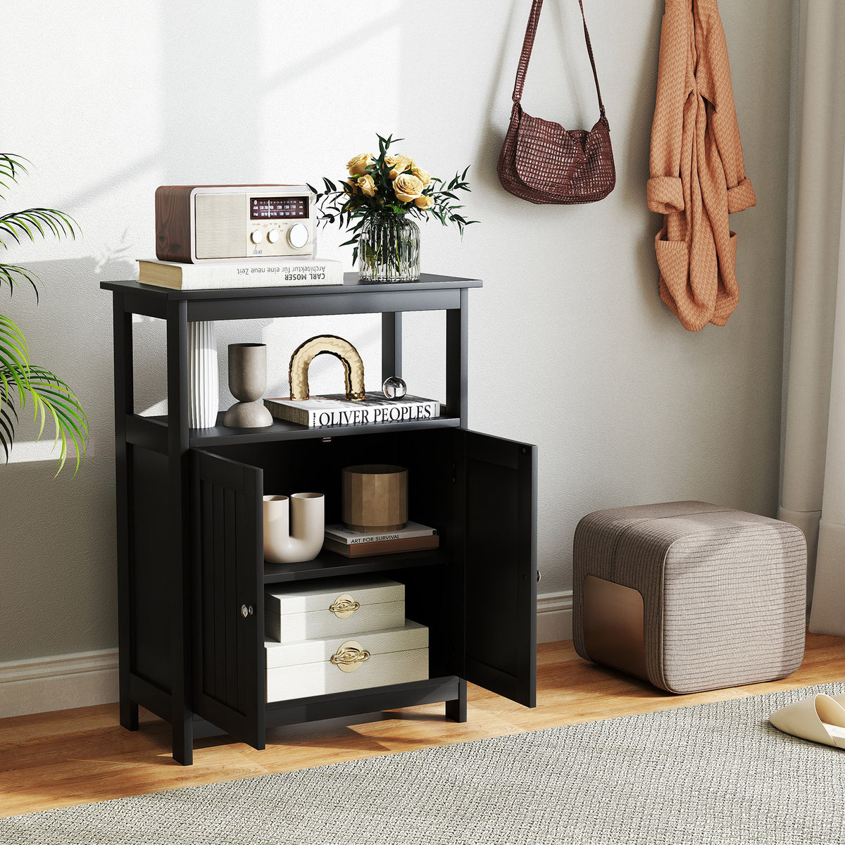 Bathroom Floor Cabinet - Black Freestanding Storage Organizer-Floor Cabinets-DECOROLALA
