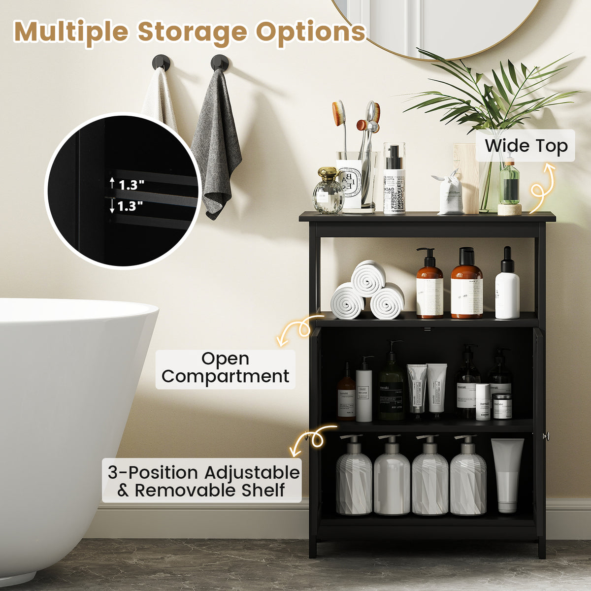 Bathroom Floor Cabinet - Black Freestanding Storage Organizer-Floor Cabinets-DECOROLALA