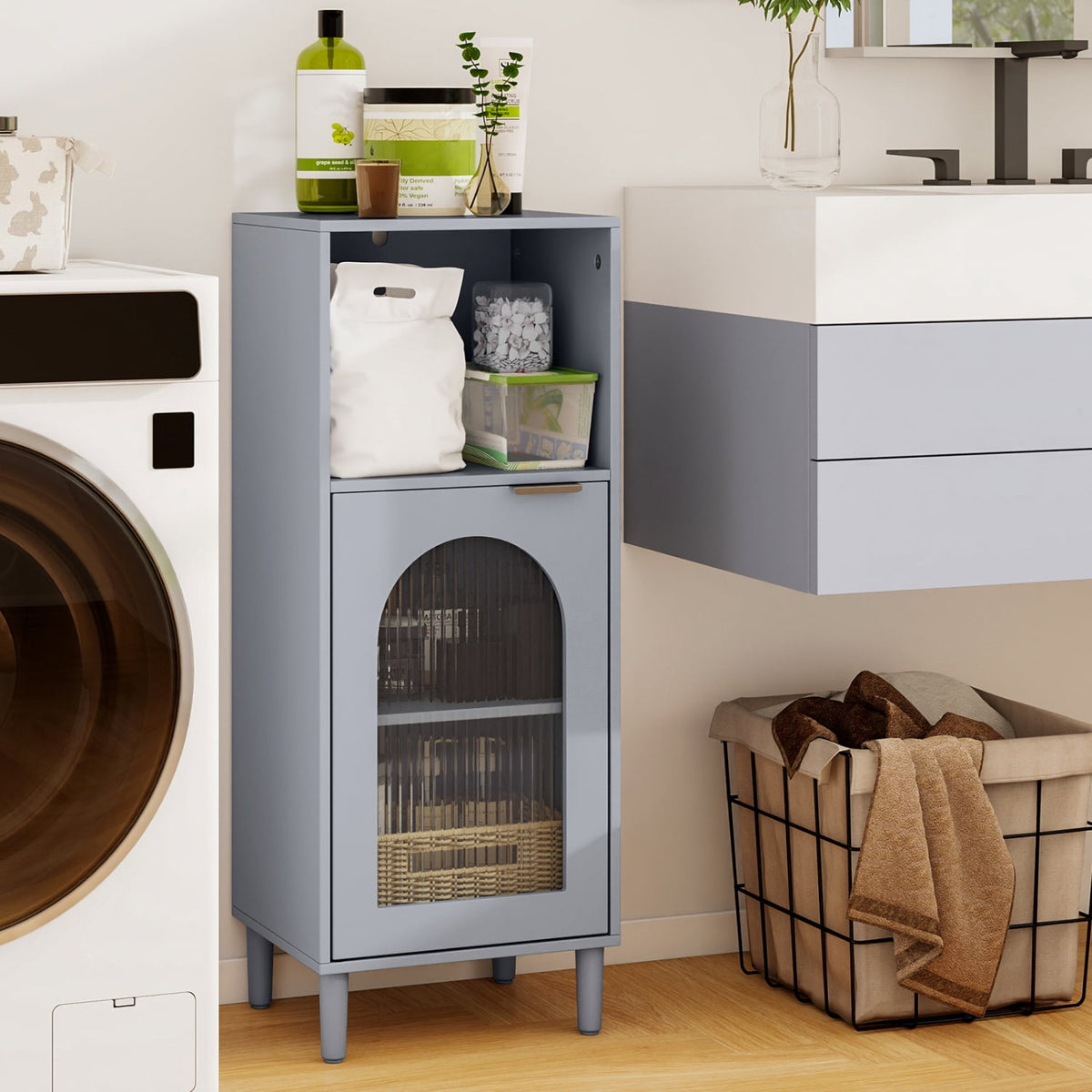 Bathroom Floor Cabinet - Gray Wood Storage Organizer 35.5" H-Floor Cabinets-DECOROLALA