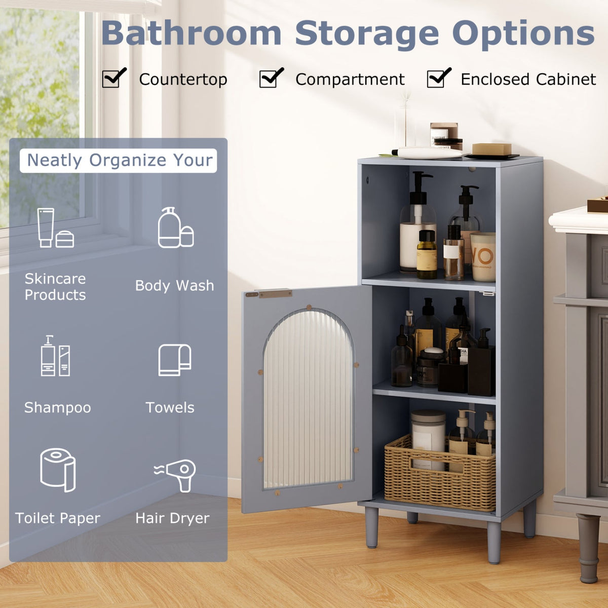 Bathroom Floor Cabinet - Gray Wood Storage Organizer 35.5" H-Floor Cabinets-DECOROLALA